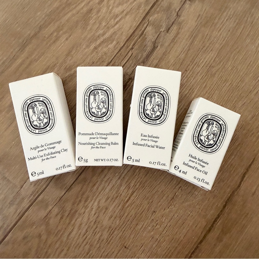 4 PCs‎ Diptyque Samples, Exfoliating Clay, Cleaning Balm, Facial Water, Face Oil